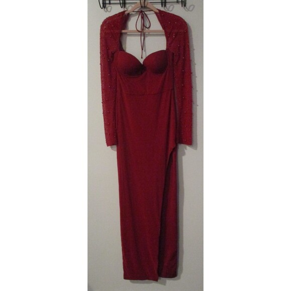 Oh Polly Womens Sz 6 Red Beaded Embellished Side Split Maxi Bodycon Dress Gown - Picture 1 of 9